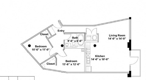 Floor plan for 2 beds, 1 bath, 1004 sqft